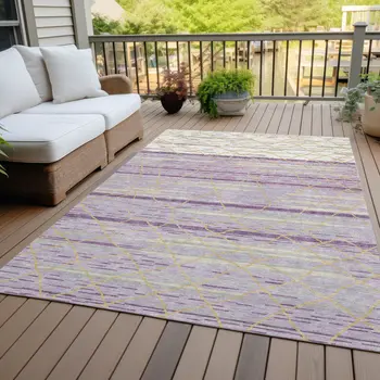 9' X 12' Purple Brown And Beige Striped Washable Indoor Outdoor Area Rug