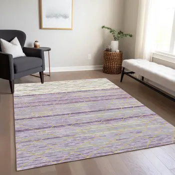 9' X 12' Purple Brown And Beige Striped Washable Indoor Outdoor Area Rug