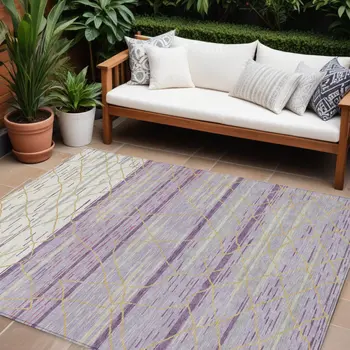 10' X 14' Purple Brown And Beige Striped Washable Indoor Outdoor Area Rug