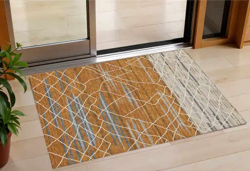 3' X 5' Terra Cotta Beige And Ivory Striped Washable Indoor Outdoor Area Rug