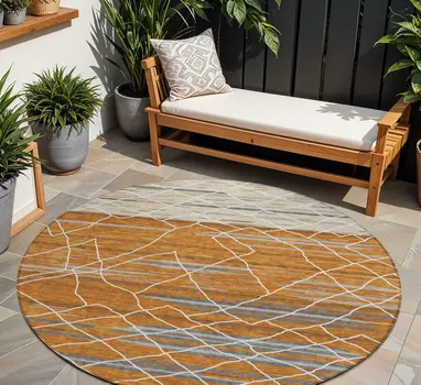 8' Terra Cotta Beige And Ivory Round Striped Washable Indoor Outdoor Area Rug