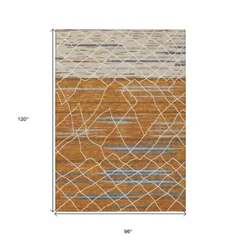 8' X 10' Terra Cotta Beige And Ivory Striped Washable Indoor Outdoor Area Rug