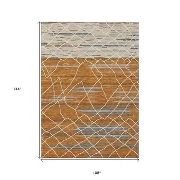 9' X 12' Terra Cotta Beige And Ivory Striped Washable Indoor Outdoor Area Rug