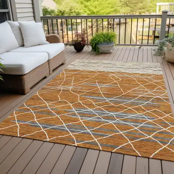 9' X 12' Terra Cotta Beige And Ivory Striped Washable Indoor Outdoor Area Rug