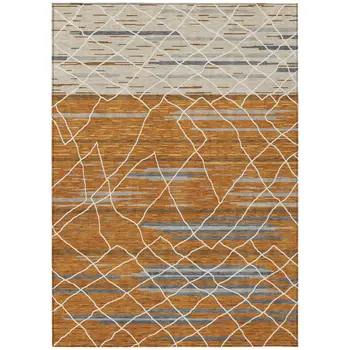 9' X 12' Terra Cotta Beige And Ivory Striped Washable Indoor Outdoor Area Rug