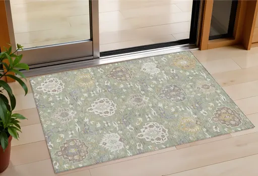 3' X 5' Artichoke Green Brown And Ivory Damask Washable Indoor Outdoor Area Rug