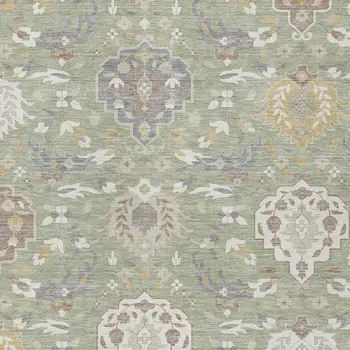 3' X 5' Artichoke Green Brown And Ivory Damask Washable Indoor Outdoor Area Rug