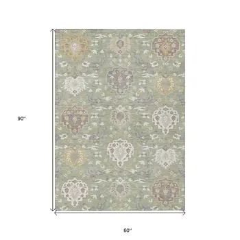 5' X 8' Artichoke Green Brown And Ivory Damask Washable Indoor Outdoor Area Rug