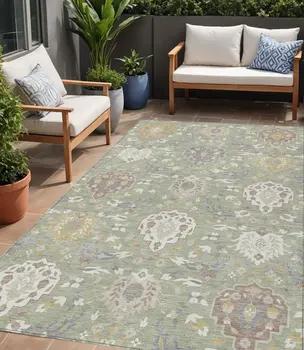 5' X 8' Artichoke Green Brown And Ivory Damask Washable Indoor Outdoor Area Rug