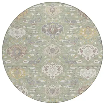 8' Artichoke Green Brown And Ivory Round Damask Washable Indoor Outdoor Area Rug