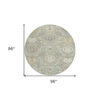 8' Artichoke Green Brown And Ivory Round Damask Washable Indoor Outdoor Area Rug