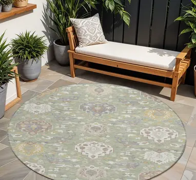 8' Artichoke Green Brown And Ivory Round Damask Washable Indoor Outdoor Area Rug