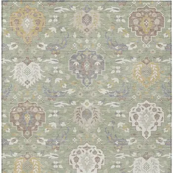 9' X 12' Artichoke Green Brown And Ivory Damask Washable Indoor Outdoor Area Rug