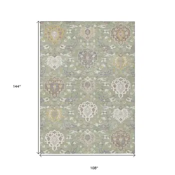 9' X 12' Artichoke Green Brown And Ivory Damask Washable Indoor Outdoor Area Rug