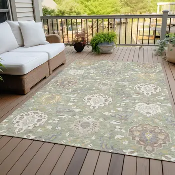 9' X 12' Artichoke Green Brown And Ivory Damask Washable Indoor Outdoor Area Rug