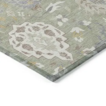 9' X 12' Artichoke Green Brown And Ivory Damask Washable Indoor Outdoor Area Rug
