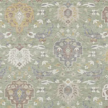 9' X 12' Artichoke Green Brown And Ivory Damask Washable Indoor Outdoor Area Rug