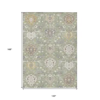 10' X 14' Artichoke Green Brown And Ivory Damask Washable Indoor Outdoor Area Rug
