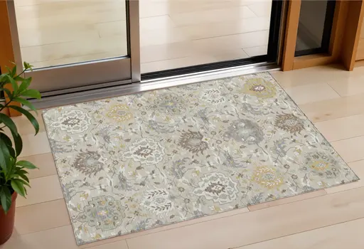 3' X 5' Beige Brown And Green Damask Washable Indoor Outdoor Area Rug