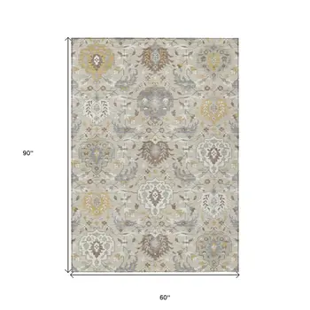 5' X 8' Beige Brown And Green Damask Washable Indoor Outdoor Area Rug