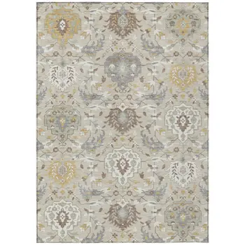5' X 8' Beige Brown And Green Damask Washable Indoor Outdoor Area Rug
