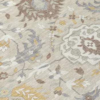 5' X 8' Beige Brown And Green Damask Washable Indoor Outdoor Area Rug