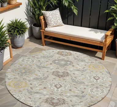 8' Beige Brown And Green Round Damask Washable Indoor Outdoor Area Rug