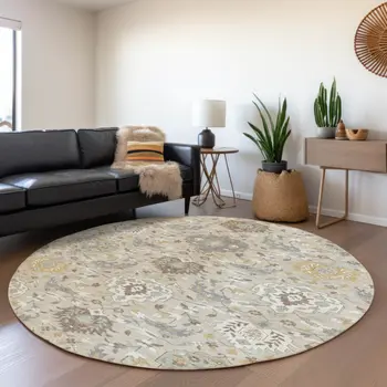 8' Beige Brown And Green Round Damask Washable Indoor Outdoor Area Rug