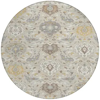 8' Beige Brown And Green Round Damask Washable Indoor Outdoor Area Rug