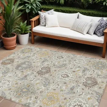 8' X 10' Beige Brown And Green Damask Washable Indoor Outdoor Area Rug