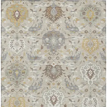 10' X 14' Beige Brown And Green Damask Washable Indoor Outdoor Area Rug