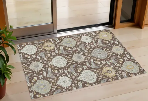 3' X 5' Brown Gray And Ivory Damask Washable Indoor Outdoor Area Rug