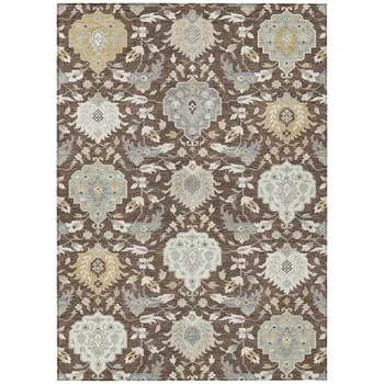 3' X 5' Brown Gray And Ivory Damask Washable Indoor Outdoor Area Rug