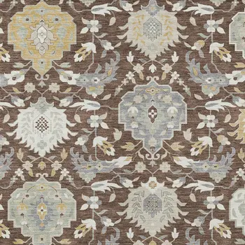 3' X 5' Brown Gray And Ivory Damask Washable Indoor Outdoor Area Rug