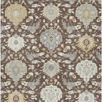 5' X 8' Brown Gray And Ivory Damask Washable Indoor Outdoor Area Rug
