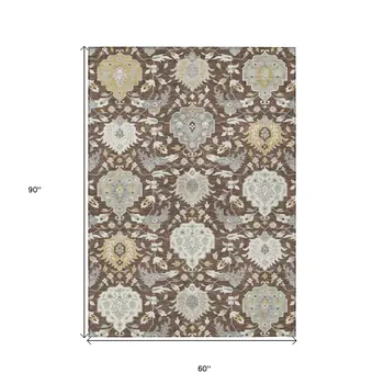 5' X 8' Brown Gray And Ivory Damask Washable Indoor Outdoor Area Rug