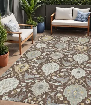 5' X 8' Brown Gray And Ivory Damask Washable Indoor Outdoor Area Rug