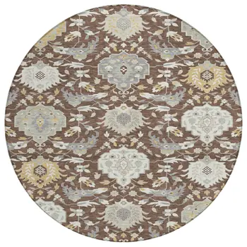 8' Brown Gray And Ivory Round Damask Washable Indoor Outdoor Area Rug