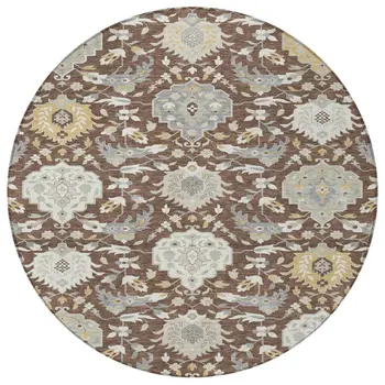 8' Brown Gray And Ivory Round Damask Washable Indoor Outdoor Area Rug