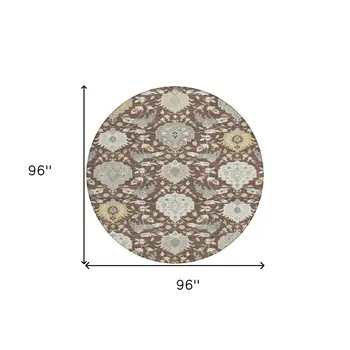 8' Brown Gray And Ivory Round Damask Washable Indoor Outdoor Area Rug
