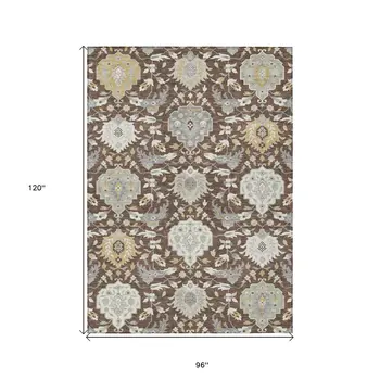 8' X 10' Brown Gray And Ivory Damask Washable Indoor Outdoor Area Rug