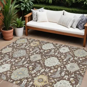 9' X 12' Brown Gray And Ivory Damask Washable Indoor Outdoor Area Rug