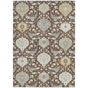 9' X 12' Brown Gray And Ivory Damask Washable Indoor Outdoor Area Rug