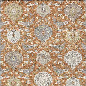 3' X 5' Copper Ivory And Gray Damask Washable Indoor Outdoor Area Rug