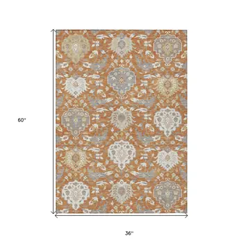 3' X 5' Copper Ivory And Gray Damask Washable Indoor Outdoor Area Rug