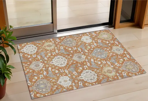 3' X 5' Copper Ivory And Gray Damask Washable Indoor Outdoor Area Rug