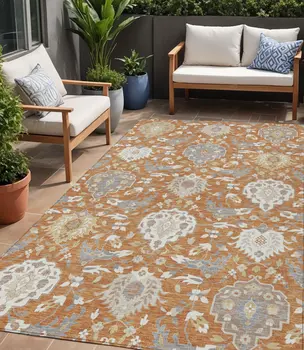 5' X 8' Copper Ivory And Gray Damask Washable Indoor Outdoor Area Rug
