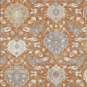 5' X 8' Copper Ivory And Gray Damask Washable Indoor Outdoor Area Rug