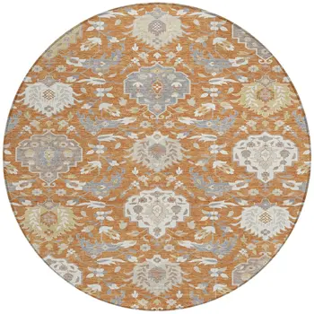 8' Copper Ivory And Gray Round Damask Washable Indoor Outdoor Area Rug