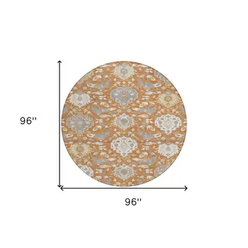 8' Copper Ivory And Gray Round Damask Washable Indoor Outdoor Area Rug